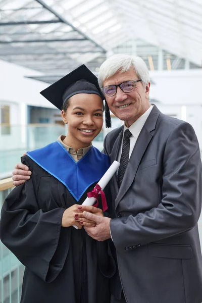 Vertical Waist Portrait Young African American Woman Holding Diploma While — Stock Photo, Image