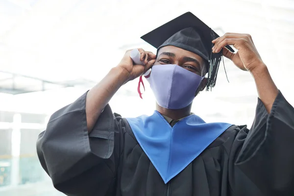 Waist Portrait Young African American Man Wearing Mask Graduation Gown — Stock Photo, Image