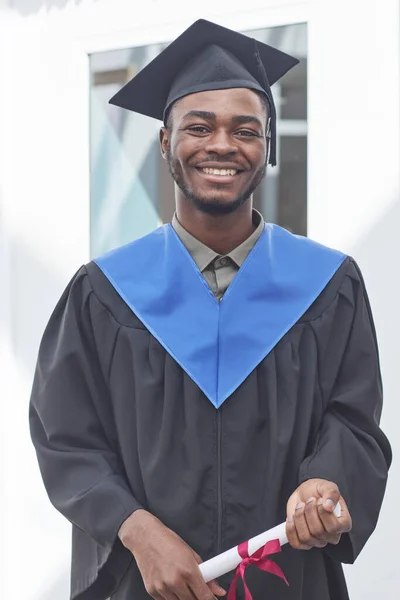 Vertical Portrait African American Young Man Wearing Graduation Gown Hat — Stock Photo, Image