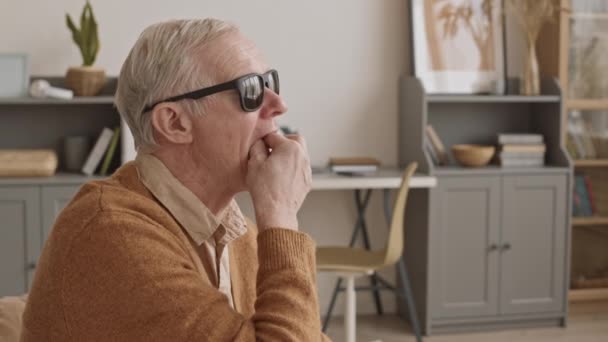 Side View Medium Close Slowmo Blind Senior Man Black Glasses — Stock video