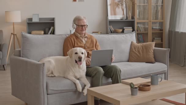 Pomalý Starý Muž Sluchátkách Pracuje Notebooku Domova Zatímco Sedí Pohovce — Stock video