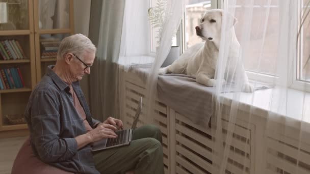 Medium Slowmo Modern Elderly Man Working Laptop Home Looking His — Vídeo de Stock