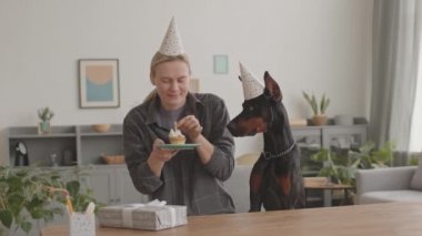 Kafkasyalı kadın ve parti şapkası takan siyah Doberman köpeğinin orta boy bir fotoğrafı. Evde oturmuş, sahibinin doğum günü pastasında mum üflemesi ve evcil hayvana yedirmesi.