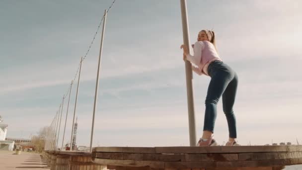 Low Angle Long Joyful Caucasian Young Woman Wearing Casual Jeans — Stock Video