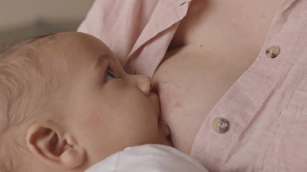 Közelkép Imádnivaló Kevert Fajú Csecsemő Etetéséről Felismerhetetlen Anya Melléről — Stock videók