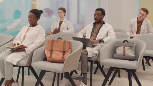 Slowmo Shot Multiethnic Group Young Cheerful Medical Students White Coats — Stock Video