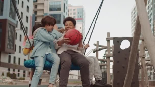 Slowmo Shot Group Cheerful Multiethnic School Boys Girl Having Fun — Stock Video