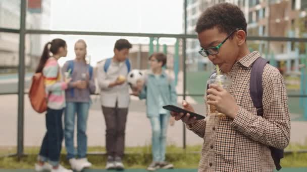 새로운 레모네이드와 스마트폰을 놀이터에 아이들 시간을 보내는 소년의 느림보 — 비디오