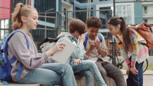 ゆっくりショットのグループの多民族の学校の男の子と女の子過ごす時間屋外で学校のチャットでベンチに座って — ストック動画