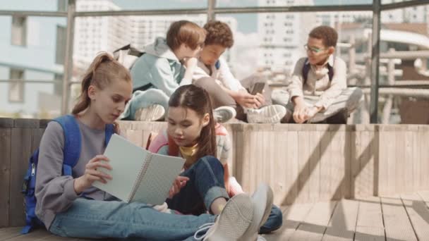Повільний Знімок Групи Багатоетнічних Школярів Які Відпочивають Відкритому Повітрі Влітку — стокове відео