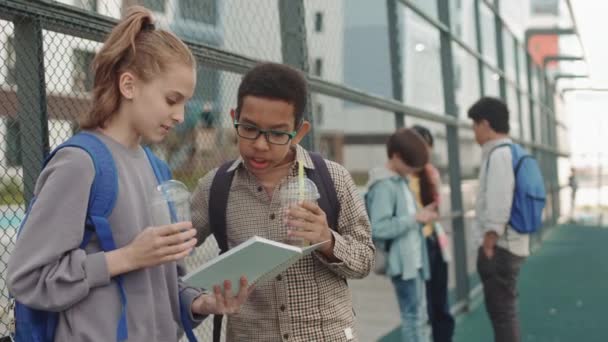 中慢镜头 十几岁以下的孩子在体育场边喝塑料杯子里的果汁边谈论学校作业 — 图库视频影像