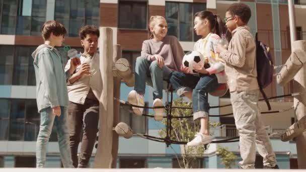 阳光灿烂的日子 5名身着休闲装的多民族青少年在操场上聊天的慢镜头 — 图库视频影像