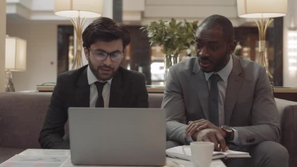 Medium Long Two Young Male Office Workers Wearing Formal Suits — 图库视频影像