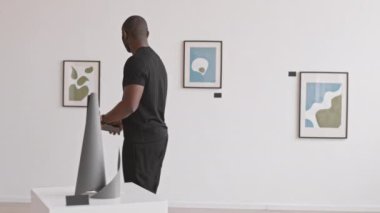 Uzun boylu, siyah elbiseli Afrikalı bir adamın hapsedilmesi, sanat müzesinin duvarında çağdaş resimlerin çekilmesi, akıllı telefon kullanımı, yürüme...
