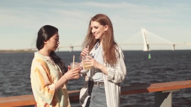 Mediana Toma Dos Jóvenes Amigas Multiétnicas Paradas Frente Mar Día — Vídeo de stock