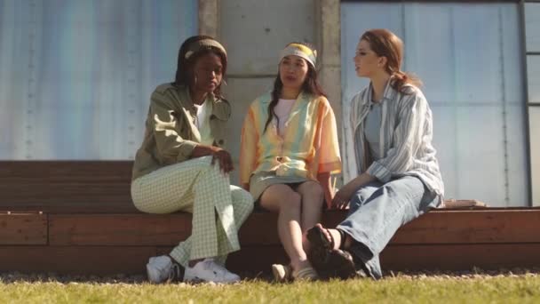 Grupa Młodych Wielonarodowych Młodych Kobiet Ubraniach Casualwear Rozmawiających Świeżym Powietrzu — Wideo stockowe