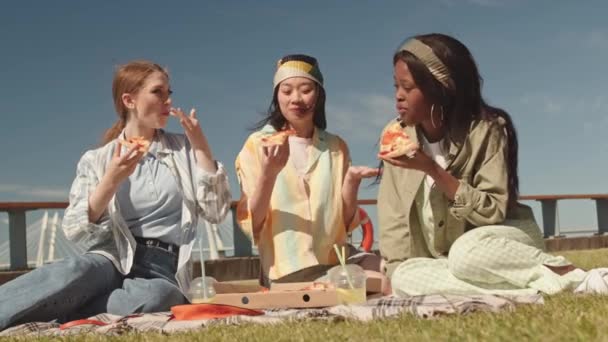 Kaukasiska Asiatiska Och Afroamerikanska Unga Kvinnor Sitter Tillsammans Gräs Parken — Stockvideo