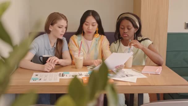 カフェのテーブルに座っているデザイナーの多民族女性チームのウエストアップショットファッションスケッチについてのアイデアを共有する飲み物 — ストック動画