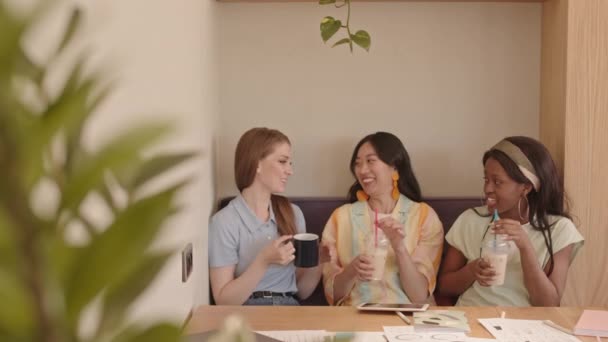 Midja Upp Skott Glada Multietniskt Team Unga Kvinnliga Designers Chatta — Stockvideo