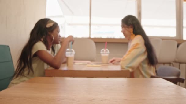 Seitenansicht Von Asiatischen Und Afroamerikanischen Freundinnen Die Einem Sommertag Tisch — Stockvideo