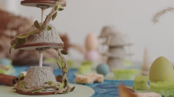 Racking Focus Handmade Papier Mache Miniature Tower Background Other Handmade — Stock Video