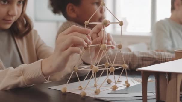 Заблокований Студент Початкової Школи Робить Рамку Мініатюрної Моделі Вежі Використанням — стокове відео