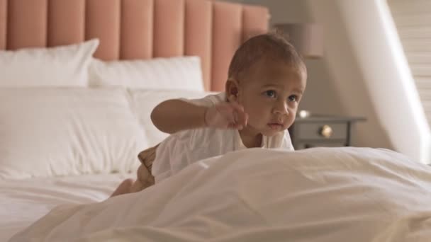 Evde Yetişkin Yatağında Emekleyen Bir Yaşındaki Melez Bir Çocuğun Küçük — Stok video