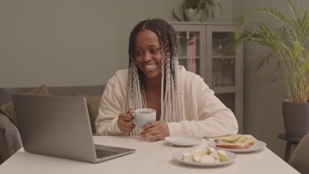 Mediana Slow Shot Joven Sonriente Mujer Afroamericana Con Largas Trenzas — Vídeos de Stock