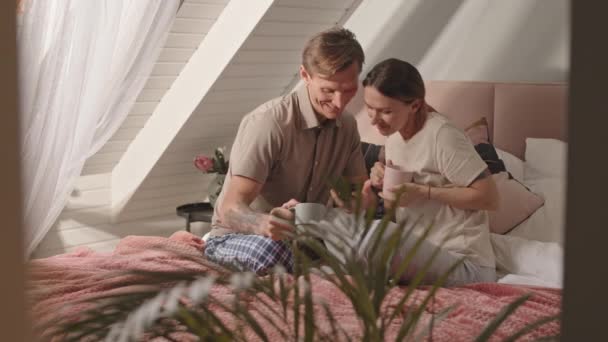 Long Shot Caucasian Heterosexual Couple Wearing Loungewear Sitting Bed Morning — Stock Video