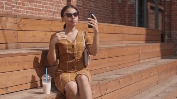 Medium Long Young Mixed Race Woman Wearing Summer Dress Sunglasses — Stock Video