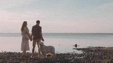 Uzun zamandır mutlu, beyaz heteroseksüel çiftin el ele tutuşması, nefis günbatımında deniz kıyısında tasmalı sevimli Golden Retriever köpeğiyle durması.