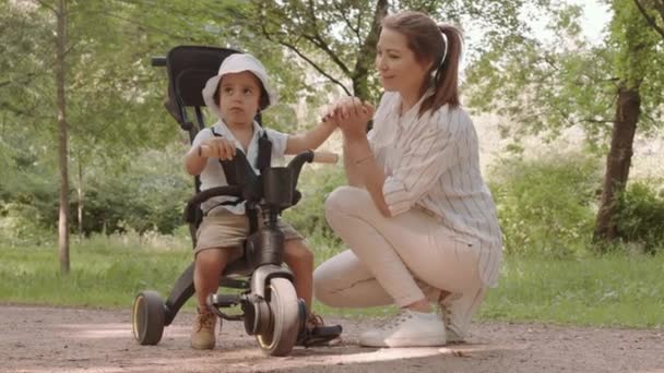 Jonge Liefhebbende Moeder Haar Schattige Peuter Jongen Zitten Driewieler Wandelwagen — Stockvideo