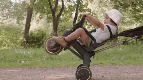 Feliz Niño Divirtiéndose Aire Libre Las Ruedas Giratorias Verano Cochecito — Vídeo de stock