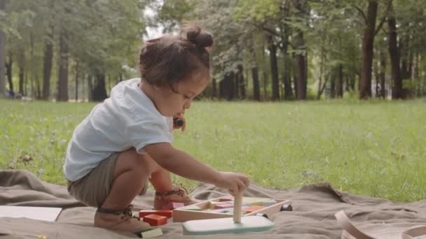 Cute Mixed Race Toddler Boy Playing Puzzles Sitting Outdoors Grass — Αρχείο Βίντεο