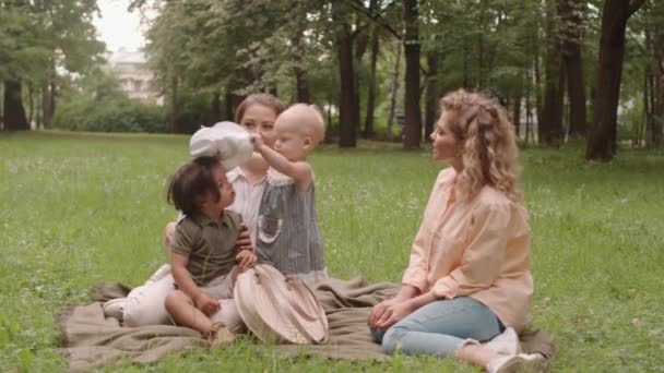 可爱顽皮的蹒跚学步的男孩和女孩带着睡帽玩耍 妈妈们一起坐在公园的草地上 享受夏天的时光 — 图库视频影像