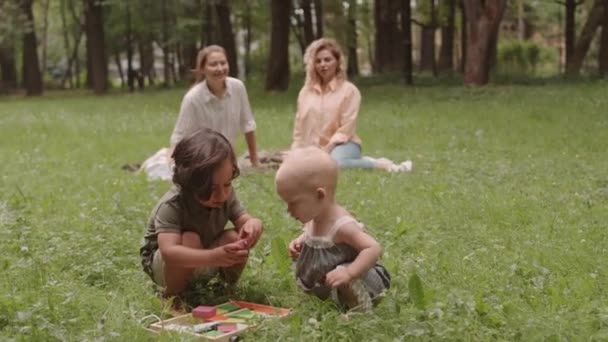 Cute Maluch Chłopiec Dziewczyna Gra Puzzle Trawie Parku Jak Ich — Wideo stockowe