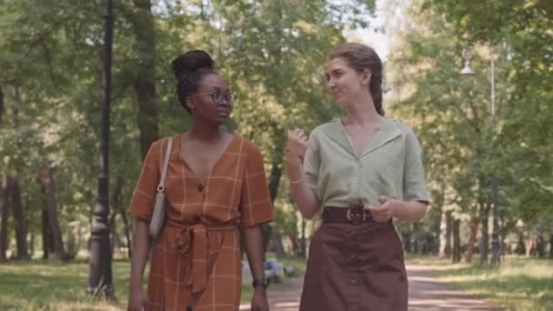 Medium Long Two African Caucasian Female Friends Chatting Walking Sunny — Αρχείο Βίντεο