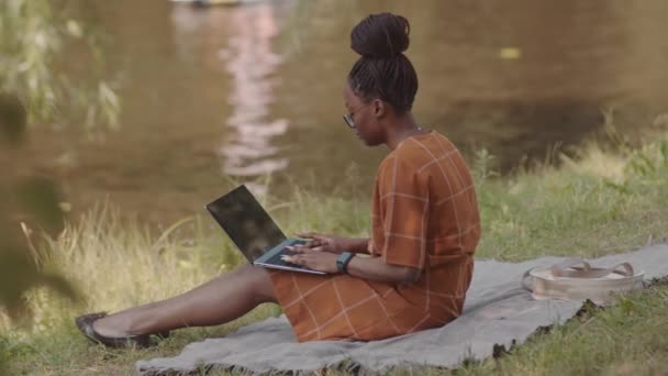 Vollständige Seitenansicht Einer Jungen Afrikanerin Sommerkleid Die Mit Einem Tragbaren — Stockvideo