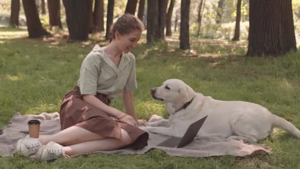 Full Shot Happy Caucasian Woman Sitting Blanket Public Park Using — Αρχείο Βίντεο