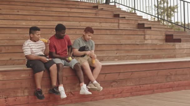 Široký Záběr Afroameričana Muže Jeho Dva Dospívající Syny Odpočívající Venkovní — Stock video