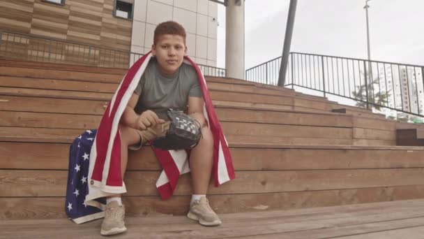 Young Baseball Player Posing Camera Outdoors Portrait Teenage Boy Looking — Stock Video