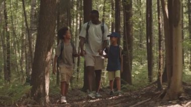 Kamp gezisi sırasında ağaçların arasında ağaçların arasında yürürken Afrikalı Amerikalı bir adamın iki küçük oğlunu tutarken tam boy yavaş çekim.