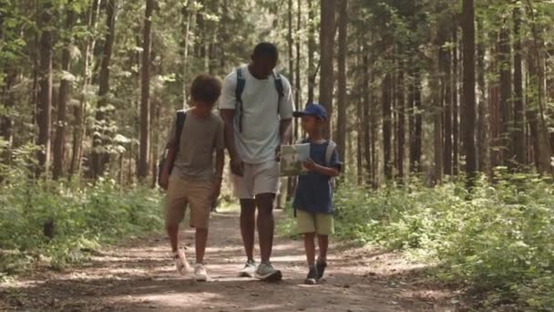Слоумо Полнометражный Снимок Афроамериканца Двух Маленьких Сыновей Идущих Лесной Тропе — стоковое видео