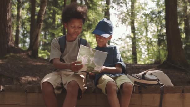 Slowmo Medium Shot Two Cute African American Boys Sitting Bench — Stock Video