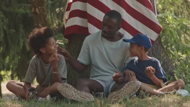 陽気なアフリカ系アメリカ人の男と彼のかわいい息子のスローショットは その上にアメリカ国旗をぶら下げて大きな木の下で休んで リンゴを食べて 夏のキャンプ旅行中にチャット — ストック動画