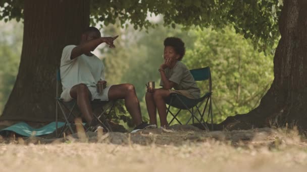 Slowmo Shot African American Man His Elder Son Sitting Tree — Stock Video