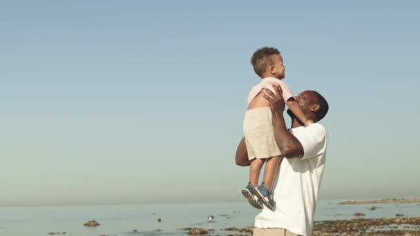 아프리카 미국인 날외진 해변에서 아장아장 아이를 공중에 던지는 공개됐다 — 비디오