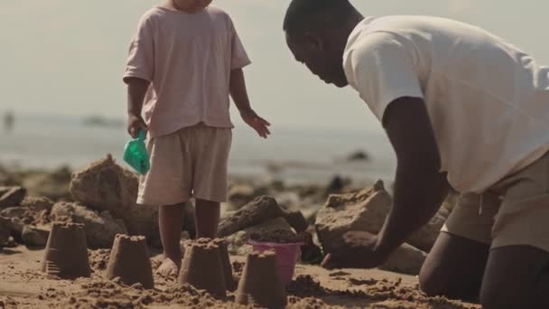 Orta Halli Mutlu Afro Amerikan Bir Adam Yaşındaki Oğlunun Kumsalda — Stok video
