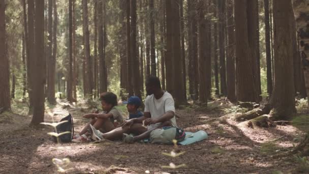 Сонячний День Двоє Афроамериканських Хлопчиків Їхній Батько Сиділи Лісовому Полі — стокове відео