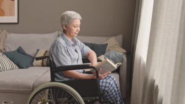 Orta boy, gri saçlı, şezlonglu Asyalı kadın tekerlekli sandalyede oturuyor, evinde kitap-kitap okuyor.
